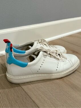 Golden Goose White Sneakers with Blue Heel and Red Pull Tab
